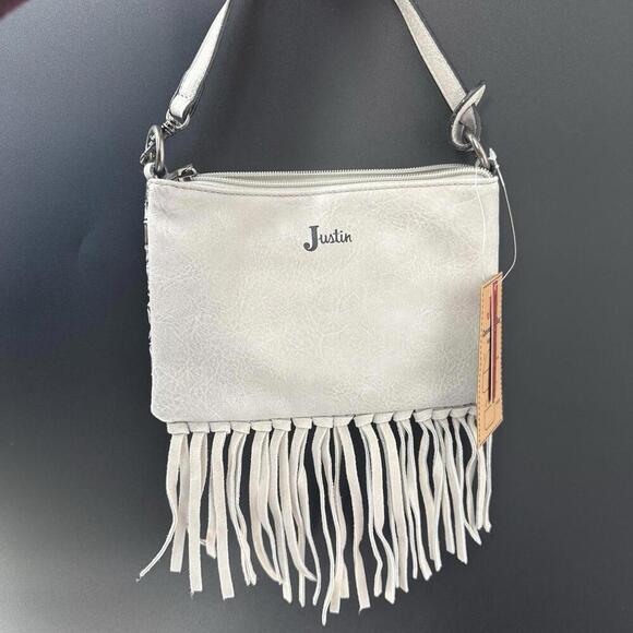 New Justin Convertible Bag to Wristlet White Tooled Leather Fringe Weste… - Picture 2 of 5